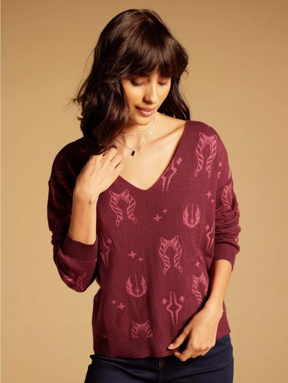 Her Universe Ahsoka Burgundy and Pink V-Neck Patterned Sweater